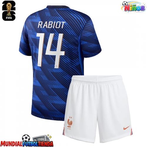 Camiseta Francia Adrien Rabiot #14 Primera Equipación Replica Mundial 2026 para niños mangas cortas (+ Pantalones cortos)